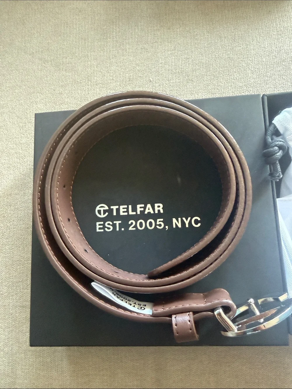 Telfar Brown Leather Belt with Silver Logo Buckle